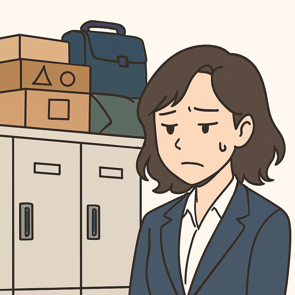 ロッカーの上に荷物が雑然と積まれ、整理整頓が保てない様子のイラスト